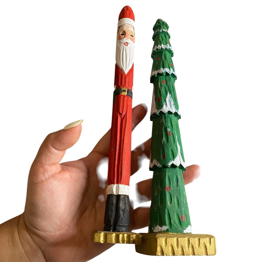 Vintage Hand Carved Wooden Pencil Skinny Santa Claus and Christmas Tree Figurine - Picture 9 of 14